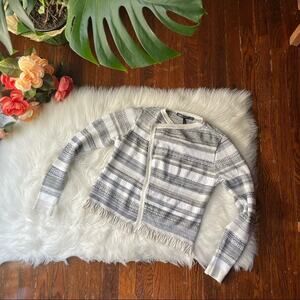 White House Black Market Open Cardigan Metallic Stripe Grey, White, Gold Medium